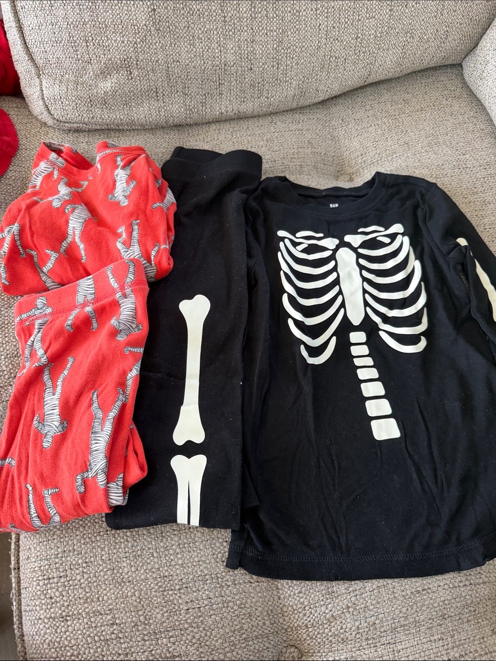 Kids Black Skeleton Costume Pajama Set with Red Zebra Pants - skeleton Pjs glow